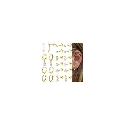 MILACOLATO Hypoallergenic Flat Back Earrings Gold Cartilage Earring Sets for Multiple Piercing 20G Surgical Stainless Steel Earrings for Women Trendy Earring Stacks Small Hoop Flatback Stud Earrings - Gold - Image 1