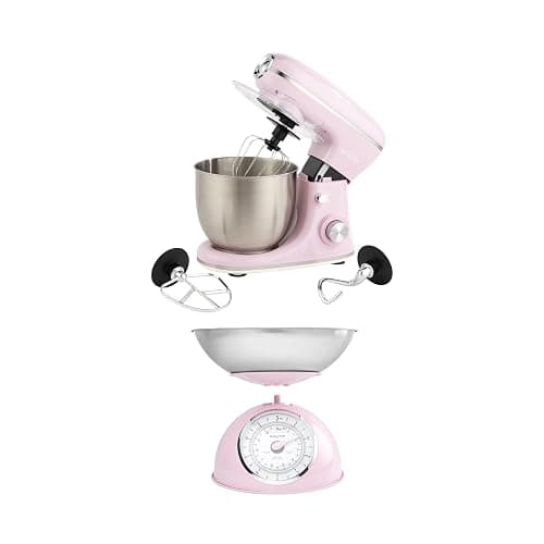 Salter Retro Pink Stand Mixer & Scale Set – 5L Electric Mixer with 8 Speeds & Pulse, Stainless Steel Removable Bowl, Includes Dough Hook, Wire Whisk, Beater, and 5kg Mechanical Kitchen Scale - Image 1