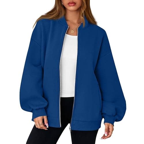 EOPUING Zip Up Jacket No Hood Casual Spring Fall Lightweight Oversized Bomber Jacket Women Hoodless Sweat Jacket thumbnail 3