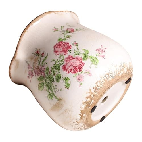 Xiaan Jiaju Shabby Chic Flower Pot, 6.11 Inch Ceramic Planter with Drainage for Indoor Plants, Vintage Ceramic Vase, Country Chic Spring Garden Home Decor, Pink Rose Floral thumbnail 7