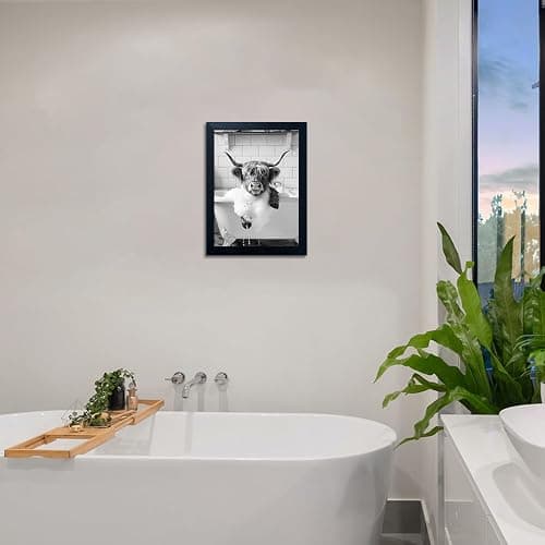 Highland Cow Bathroom Decor, Funny Bathroom Wall Art, Highland Cow in Bathtub Farmhouse Canvas Print, Black and White Cow Pictures Wall Decor, Framed Animal Pint Artworks for Wall thumbnail 8
