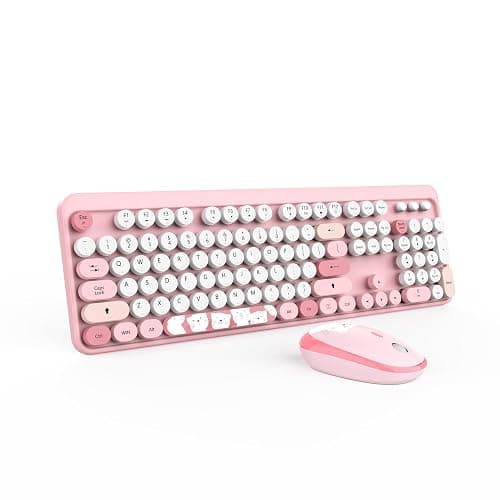 Wireless Keyboard,KOOTOP Cute Colorful 104 Keys Typewriter Retro Round Keycaps Keyboard for PC Laptop,Desktop,Windows, Home and Office Keyboards (Pink) - S300 pink - Image 1