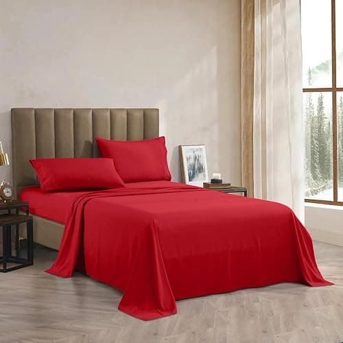 CELINE LINEN Premium 1800 Hotel Quality Wrinkle-Resistant 4-Piece Microfiber Sheet Set - Luxury Ultra Soft and Breathable Bedding 16 Inch Deep Pocket 4PC Sheet Set, Full, Red thumbnail 3