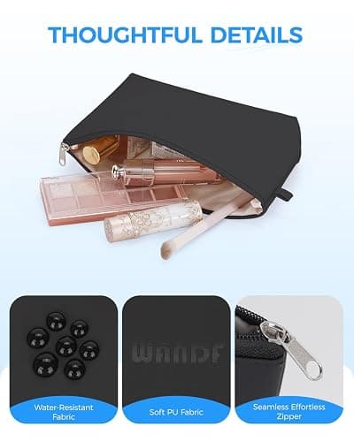 WANDF Cosmetic Bag for Women Makeup bag Organizer Mini Makeup Pouch for Purse Water Resistant Girls Gift(Pure Black) thumbnail 4