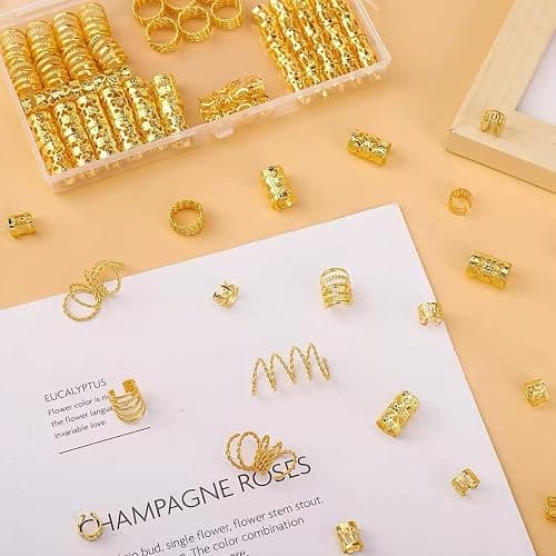 Tuefuzy 110 Pcs Gold Hair Jewelry for Braids and Dreadlocks - Metal Rings, Cuffs, Clips Accessory Decorations - Golden Yellow thumbnail 6