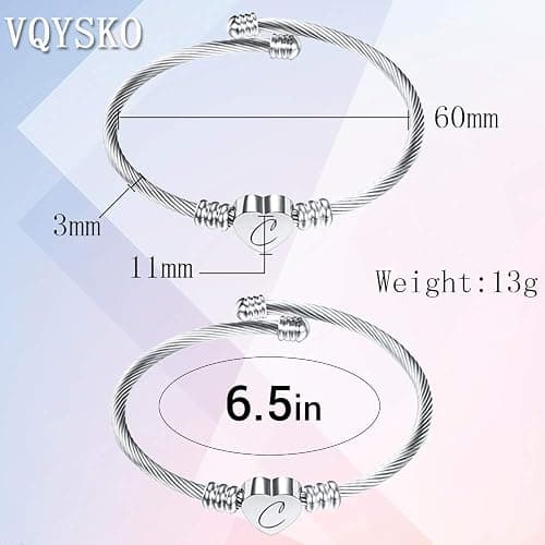 VQYSKO Silver Heart Initials Bracelet-A-Z Stainless Steel Engraved Charm Bracelet, Woman Jewelry Birthday Festival Gift thumbnail 5