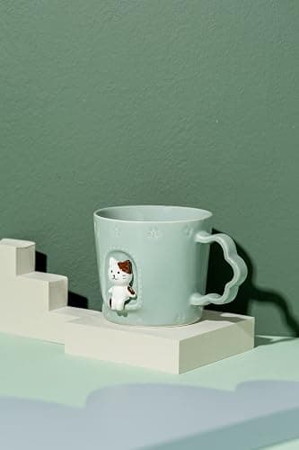 DIHOclub Cat Ceramic Cup Window Animals Mug Cute Cartoon Handmade Figurine Mugs,Holiday and Birthday Gift for Daughter,Son,Kids,9 OZ (Blue) thumbnail 5