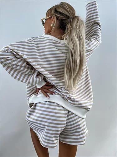 Melliflo Women 2 Piece Outfits Lounge Sets Striped Print Long Sleeve V Neck Sweatshirt and Shorts Set Fall Sweatsuit thumbnail 5