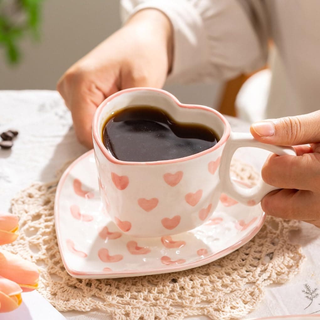 WAIT FLY Heart Shaped Ceramic Coffee Mug Set with Saucer, Tea Cup, Breakfast Cup, Dessert Plate-Pink-8 OZ thumbnail 4