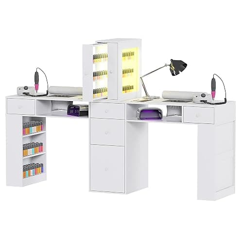 Kikihouse Double Manicure Table for Nail Tech w/LED Light Display Cabinet, Professional Nail Desk with Dust Collector, Drawers, Wrist Rest, Acetone-Resistant, for Beauty Salon, Spa & Home Workstation - Image 1