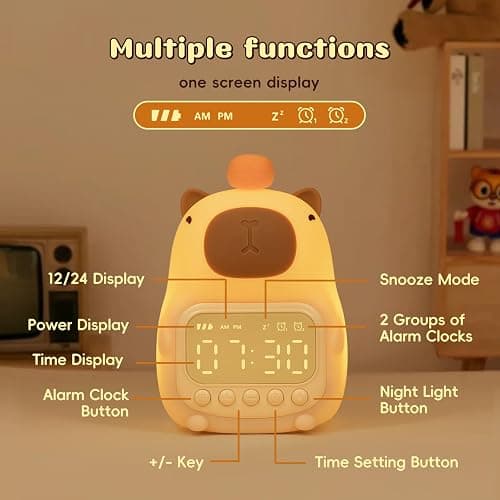 Yiliaw Capybara Alarm Clock with Night Light for Kids, 7 RGB Color Cute Alarm Clocks for Bedrooms Ok to Wake Clocks, Silicone Animal Tabletop Lamp for Teen Girls Boys thumbnail 8