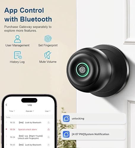 Fingerprint Door Lock, Smart Fingerprint Door Knob with Lock, Biometric Door knob with App Control & Key, Keyless Thumbprint Entry Door Lock for Bedroom, Front Door, Home, Apartment Office-Matte Black thumbnail 6