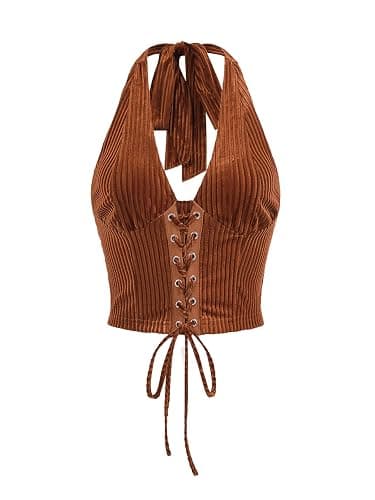 Verdusa Women's 2026 Going Out Halter Corset Top Lace Up Open Back Crop Tops Concert Cowgirl Outfits - Image 1