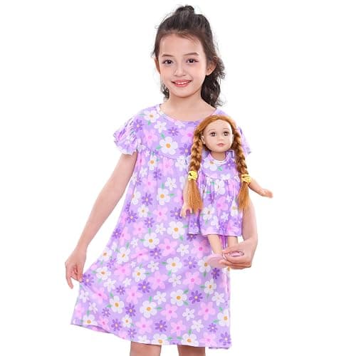 ICOSY Matching Doll & Girls Nightgowns Clothes Girls Pajamas Sleepwear Outfit for Kids and American 18" Girl Doll - Image 1