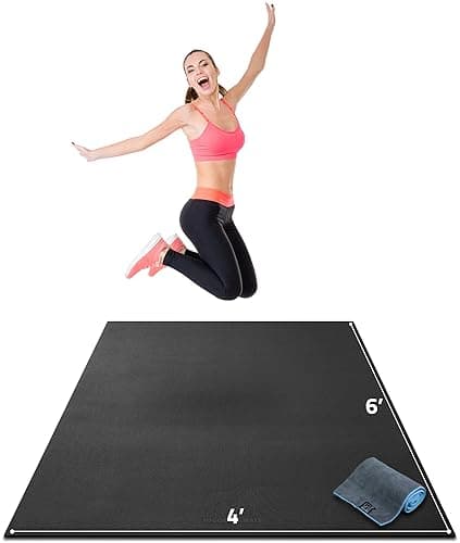 Gorilla Mats Premium Large Exercise Mat – 6' x 4' x 1/4" Ultra Durable, Non-Slip, Workout Mat for Instant Home Gym Flooring – Works Great on Any Floor Type or Carpet – Use With or Without Shoes - Gorilla Black Mat with Gray / Blue Towel, 2 Storage Straps and Carry Bag - 6' x 4' x 1/4" (72" Long x 48" Wide x 6mm Thick)