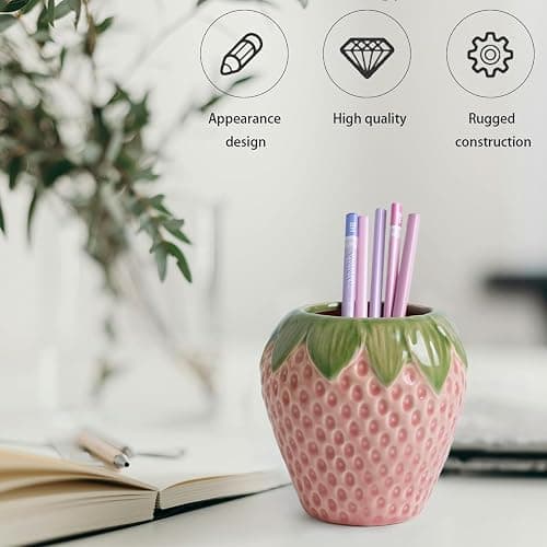 Sixbaola Strawberry Pencil Holder, Cute Pen Holder for Desk, Ceramic Pen Holder, Stand Makeup Brush Holder, for School, Home, Office Desk Decor(Pink) thumbnail 5