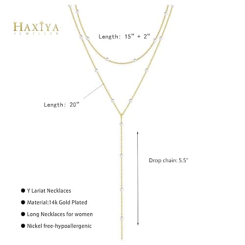 HAXIYA Lariat Gold Necklace for Women Dainty Long Necklace 14k Gold Plated/Silver Y-Shaped Pendant Drop Chain Trendy Layered Pearl/Beaded/CZ Necklaces Simple Gold Jewelry For Women Gift thumbnail 5