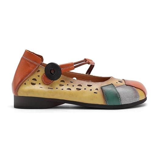 Drikler Women's Flat Shoes Retro Color Block Elastic Buckle Mary Jane Breathable Elegant Leather Walking Loafers thumbnail 2