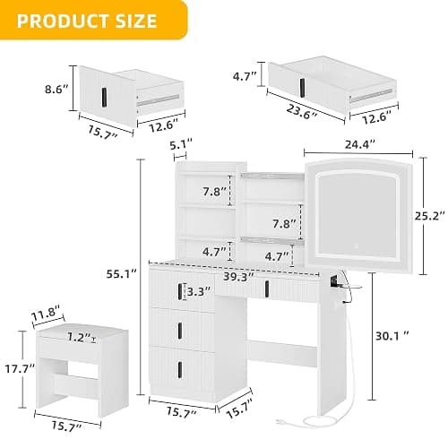 YITAHOME Fluted Vanity Desk with Mirror and Light, Big Vanity Set with Power Outlet, Hidden Jewelry Storage, Makeup Desk with 4 Drawers, Dressing Table with Soft Stool, 3 Lighting Color Modes, White thumbnail 2