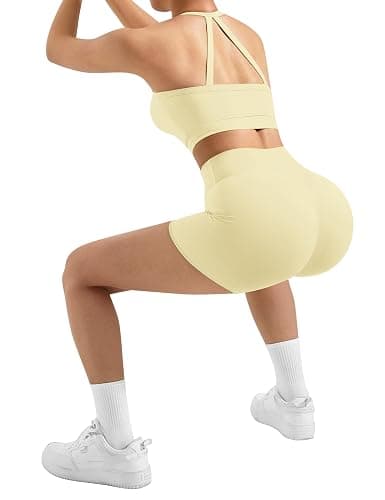 SUUKSESS Women 2 Piece Workout Sets High Waisted Tummy Control Biker Shorts Halter Padded Tank Tops thumbnail 3