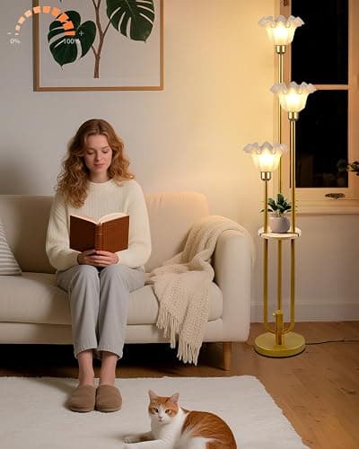 Lightdot Flower Floor Lamp for Living Room, Dimmable Vintage Floor Lamp with Shelf& Bulbs Included, 3 Light Warmwhite Mid Century Gold Floral Standing Tall Lamp for Bedroom/Sofa Beside/Corner Decor - Image 1