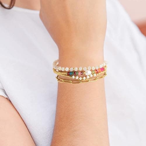 Pymach Dainty Gold Plated Pearl Crystal Beaded Bracelets Set for Women 14K Gold Plated Bead Pearl Beads Bracelet Stackable Paperclip Link Chain Bracelets Gold Plated Bracelets for Women Trendy Jewelry thumbnail 5