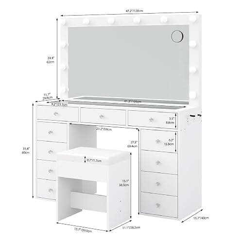 11 Drawers Vanity Desk with Power Outlet, Makeup Vanity with Mirror and 12 LED Lights, 3 Lighting Modes, Vanity Set, Glass Top, Dressing Table for Bedroom,Dressing Room, White thumbnail 2