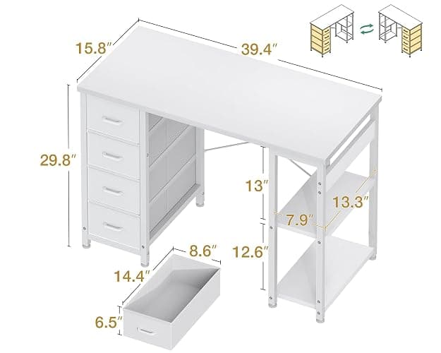 ODK 40 Inch Small White Computer Desk with 4 Fabric Drawers, Modern Office Desk for Home Office Gaming with Storage Shelves Study, White thumbnail 3