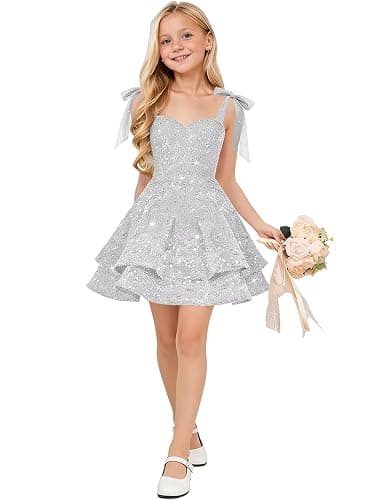 WellrDeny Sparkly Sequin Flower Girl Dress Tiered Cute Bow Spaghetti Straps Sweetheart Toddler Formal Dresses 2026 - Image 1
