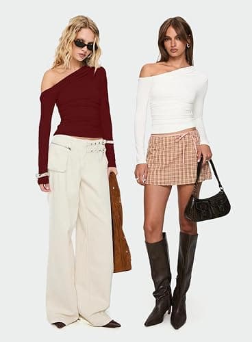 Darong Women's Casual Long Sleeve Boat Neck Off Shoulder Slim Fit Crop Top Going Out Blouses Y2K Tight Shirts thumbnail 4