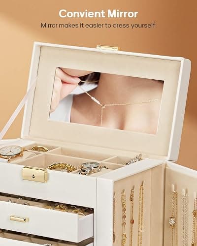Homde Synthetic Leather Huge Jewelry Box Mirrored Watch Organizer Necklace Ring Earring Storage Lockable Gift Case (White + Gold) - White + Gold thumbnail 7