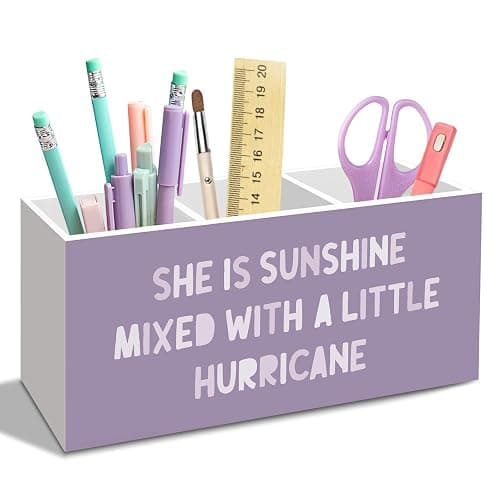 nvucamd Purple Inspirational Pen Pencil Holder for Desk Decor, Purple Office Desk Accessories, Motivational Pen Holders Organizer for Girls Room Nursery, She Is Sunshine Mixed with a Little Hurricane - Image 1