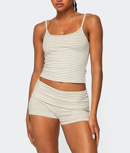 RUEWEY Women Y2k Pajama Set Striped Sleeveless Crop Cami Top Lounge Shorts PJS 2 Piece Matching Sleepwear thumbnail 2
