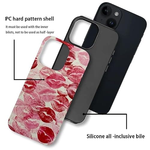 YiXinBB for iPhone 15 Case Shockproof Women Men Protective Hybrid Hard Shell Silicone Cover, M02 Red Lips Kisses G3 thumbnail 3