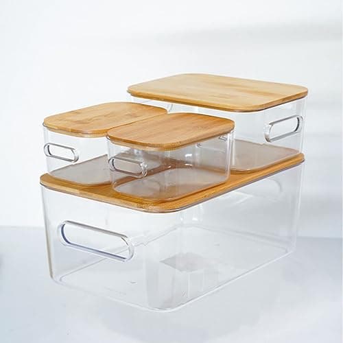 Orgaizer, Storage Bins with lid, Organizer ,Storage box ,Clear Plastic Storage Organizer Bins with bamboo Lids for Home Office, Kitchen, Cupboard, Pantry Shelves, Medicine Cabinet -3 size -4pcs - Image 1