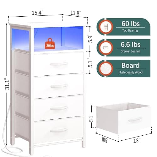 Yoobure Night Stand - LED White Nightstand with Charging Station, Bedside Table with 4 Storage Drawers and Storage Shelf, End Table with USB Ports and Outlets, Tall Dresser for Bedroom - White thumbnail 3