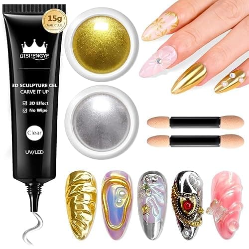 BISHENGYF Kit de poudre à ongles chromée et gel 3D pour nail art 4-en-1, avec poudre à ongles miroir sans essuyage pour ongles or rose et argent, base solide transparente couleur gel 3D pour nail art - Image 1