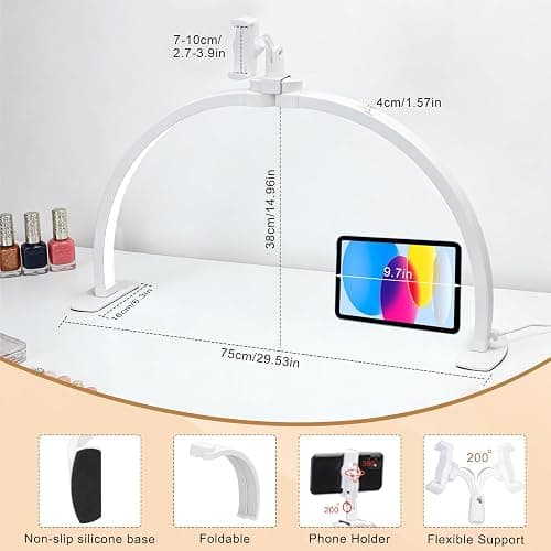 Half Moon Light for Nail Desk 29", Foldable LED Nail Desk Lamp With Rotatable Phone Holder Arch Light, Nail Tech Light Dimmable With 3 Color Mode &10 Brightness for Nail Tech,Eyelash,Tattoo& Salon Use thumbnail 4