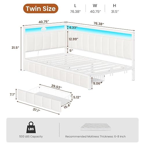 Hasuit Corner Bed Frame with Storage Drawers, Twin Daybed with Line Fabric Upholstered Fence, Kids Bed Unit with LED Light and Charging Station, Modern Bed Frame Twin Size, Beige thumbnail 3