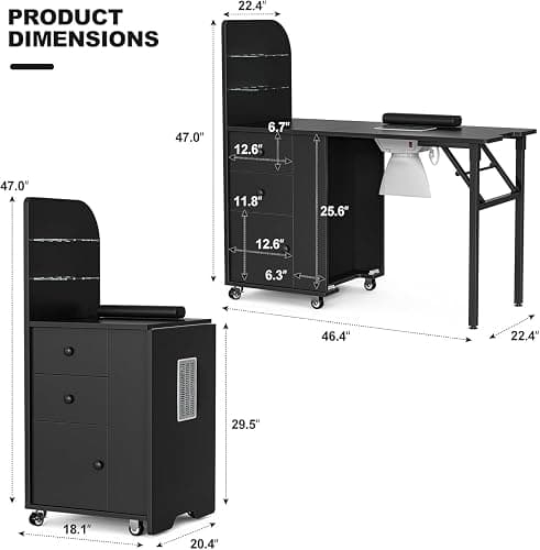 Belandi Foldable Nail Desk Manicure Table, Folding Nail Table Station for Nail Tech w/Dust Collector, 2 Open Shelves & 2 Drawers, Foldable Manicure Desk w/Wrist Cushion, Lockable Wheels thumbnail 2