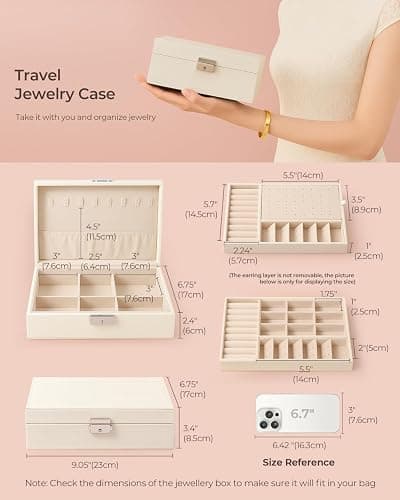 WRSION Jewellery Box Organiser, 2 Layer Jewelry Organizer with 2 Keys, Large PU Leather Jewelry Storage Case with Removable Tray for Rings Earrings Necklace, Jewellery Box for Women Girls (White) thumbnail 4