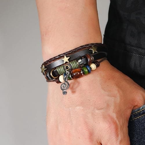 Dmaiy Leather Music Bracelets Braided Beaded Bracelet Black Stackable Bracelets for Women and Men - Brown music thumbnail 3