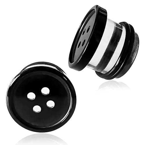 AntDear 2Pcs Acrylic Plug Gauges for Ears Women Men Black White Button Plug Earrings, Single Flared Saddle Stretching Gauge Tunnels Expanders, Four Hole Button Piercing Plugs with Rubber O-Rings 8G to 1 Inch - Image 1