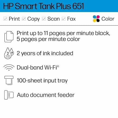 HP Smart Tank Plus 651 Wireless All-in-One Printer, Ink Tank Printer-for-Home Use, 2 Years of Ink Included Auto Document Feeder, Mobile Print, Scan, Copy, Fax. (7XV38A) thumbnail 2