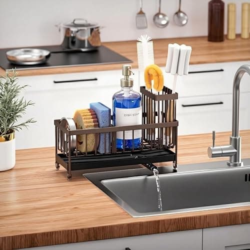 Cisily Brown Sponge Holder for Kitchen Sink, Sink Caddy Organizer with High Brush Holder, Kitchen Countertop Organizers and Storage Essentials, Rustproof 304 Stainless Steel, Soap Dispenser Organize thumbnail 6