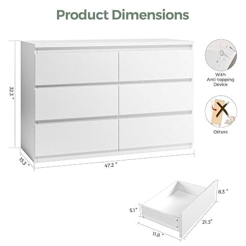 Orgobysol 6 Drawer Double Dresser for Bedroom, Modern Simply Chest of Drawers, Wood Storage Dresser with Anti-Tipping for Living Room Hallway Entryway, Nursy White (15.3" D x 47.2" W x 32.3" H) thumbnail 2