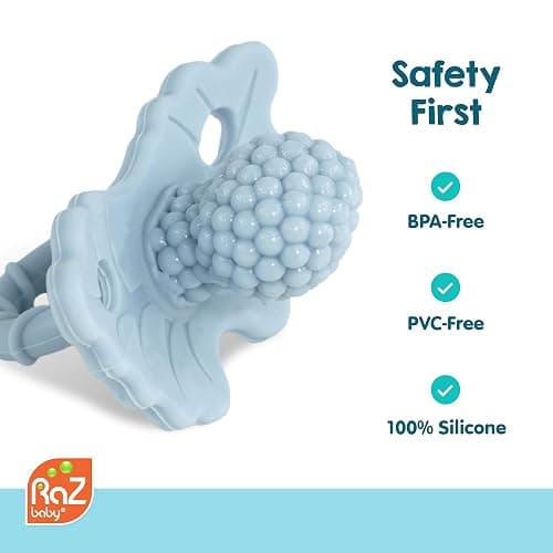 RaZbaby RaZberry Silicone Teether Pacifier – Teething Relief for Infants, Food-Grade, BPA-Free, Hands-Free Design, Natural Berrybumps Fruit Texture for Sensory Development, Freezable – Black thumbnail 4
