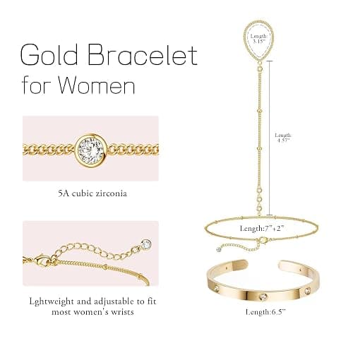 My Queen Gold Bracelets for Women 14K Gold Plated Dainty Stackable Hand Chain Bracelet Trendy Ring Chain Bangle Cuff Bracelets Adjustable Body Jewelry Set Gifts thumbnail 5