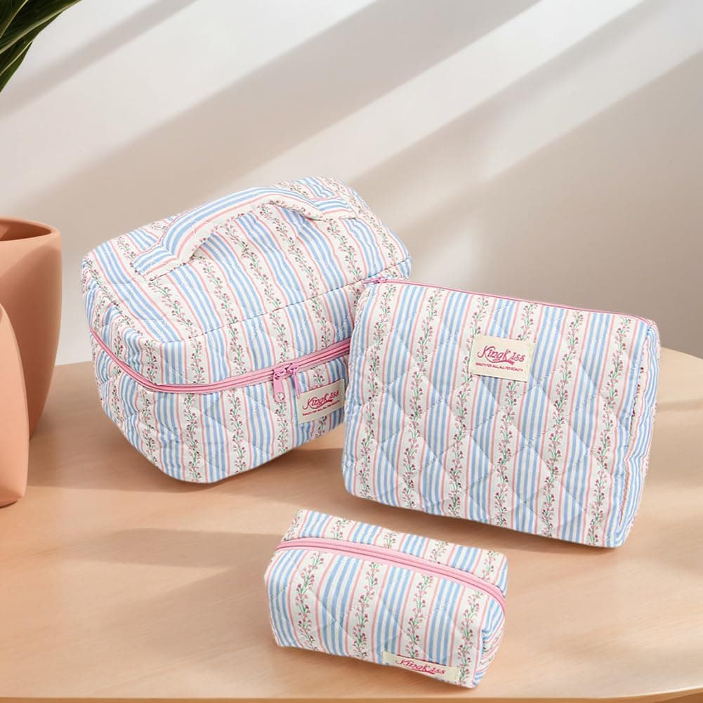 Quilted Makeup Bag Set for Girls Women - 3Pcs Cute Floral Cotton Makeup Bag, Large Aesthetic Floral Cosmetic Bags Coquette Flower Travel Toiletry Organizer for Daily thumbnail 5