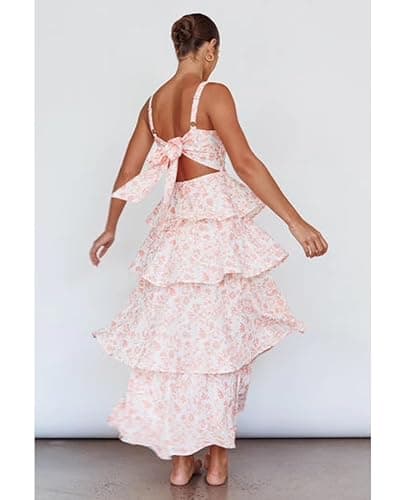 Tiered Ruffle Dress Women Casual Summer Spaghetti Strap Sleeveless Floral Layered Maxi Dress for Women Beach Sundress thumbnail 4